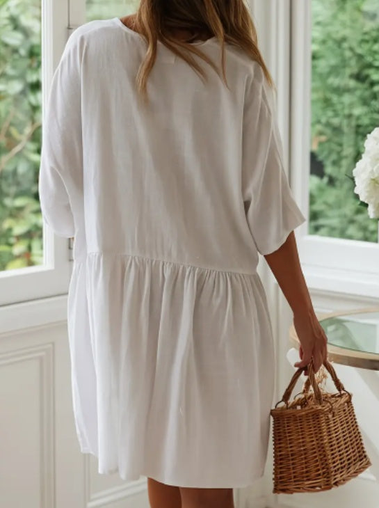 Robe de Plage à Manches Courtes, Col en V, Boutonnée avec Poche