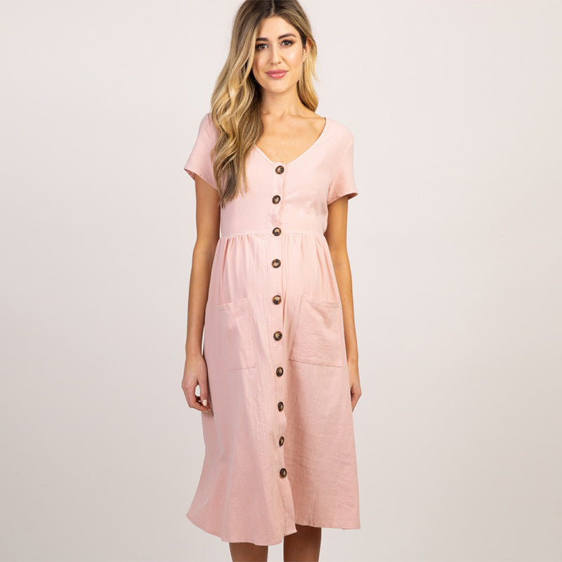 Robe Longue Unie à Col Rond et Manches Courtes, Coupe Ajustée
