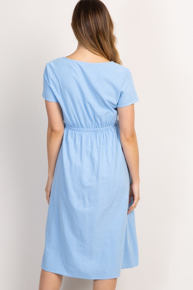 Robe Longue Unie à Col Rond et Manches Courtes, Coupe Ajustée