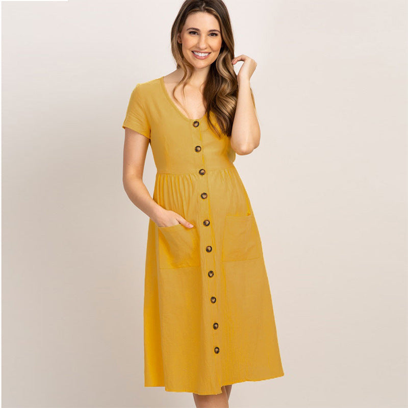 Robe Longue Unie à Col Rond et Manches Courtes, Coupe Ajustée