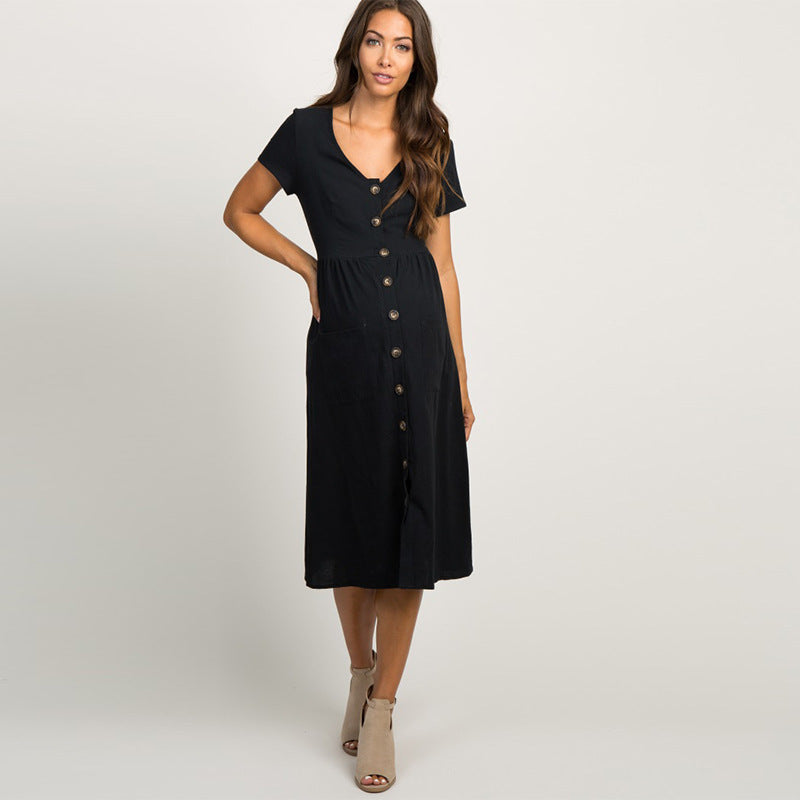 Robe Longue Unie à Col Rond et Manches Courtes, Coupe Ajustée