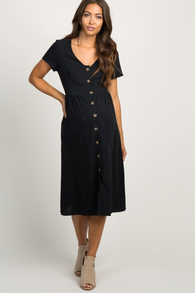 Robe Longue Unie à Col Rond et Manches Courtes, Coupe Ajustée