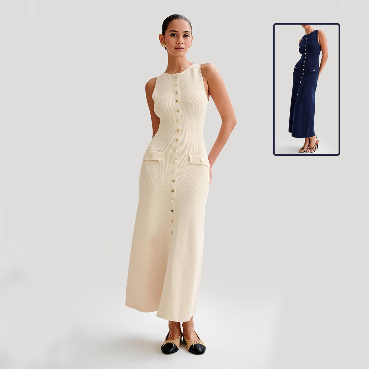 Robe Longue Élégante en Maille – Sans Manches & Boutonnée
