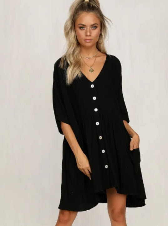 Robe de Plage à Manches Courtes, Col en V, Boutonnée avec Poche