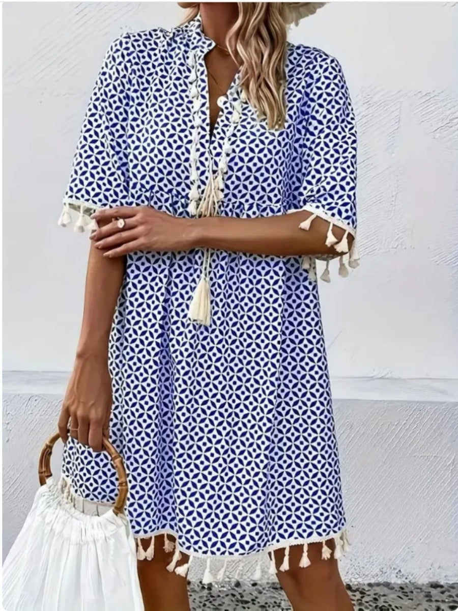 Robe Femme Imprimée à Col V avec Manches Mi-longues et Franges