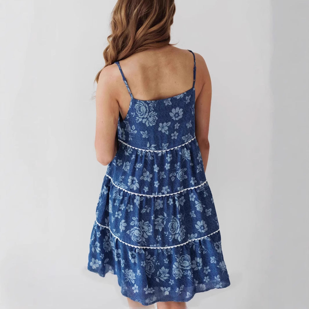 Robe en Jean Dos Nu Plissée à Bretelles