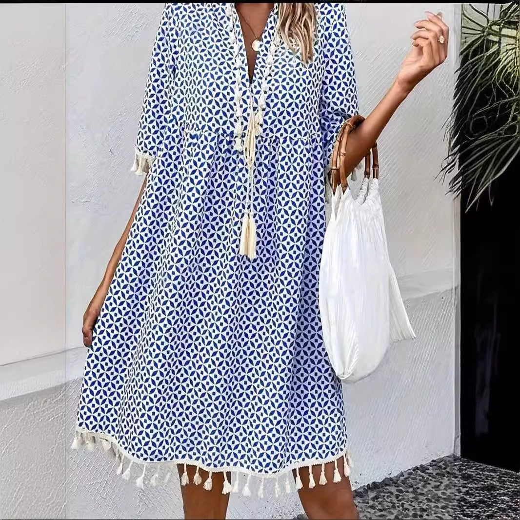 Robe Femme Imprimée à Col V avec Manches Mi-longues et Franges