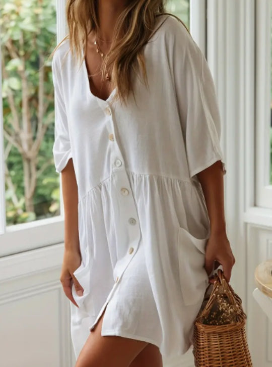 Robe de Plage à Manches Courtes, Col en V, Boutonnée avec Poche