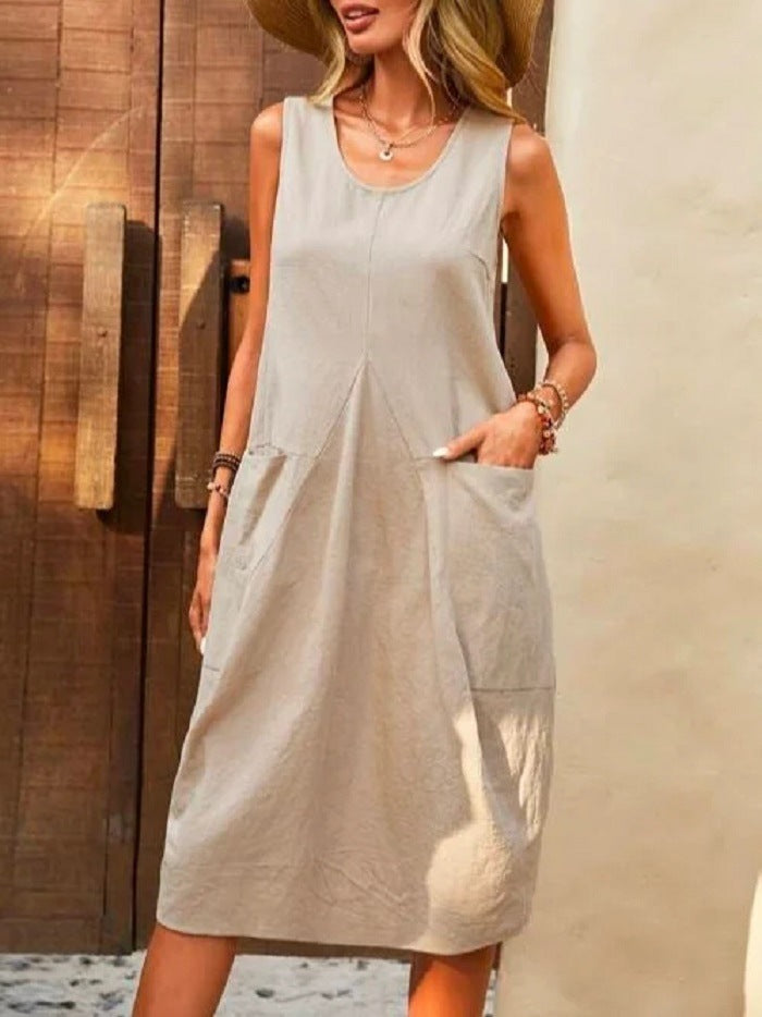 Robe d'été sans manches à col U, avec poches.