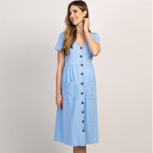 Robe Longue Unie à Col Rond et Manches Courtes, Coupe Ajustée
