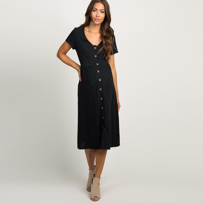 Robe Longue Unie à Col Rond et Manches Courtes, Coupe Ajustée