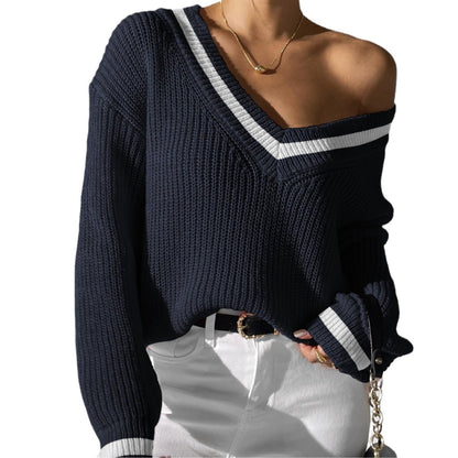 Pull pour femme à col  V, couleur contrastée.