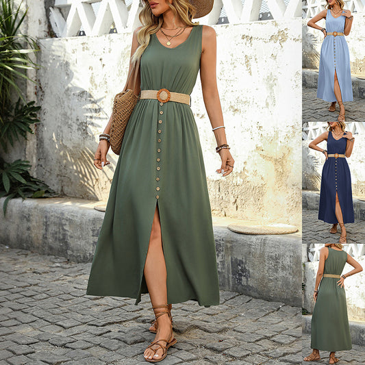 Robe d'été longue, avec fente et détails boutons