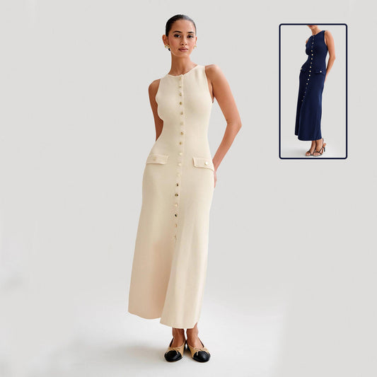 Robe Longue Élégante en Maille – Sans Manches & Boutonnée