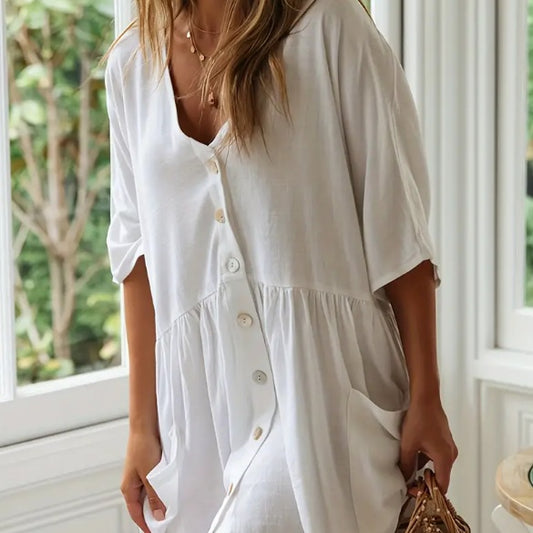 Robe de Plage à Manches Courtes, Col en V, Boutonnée avec Poche