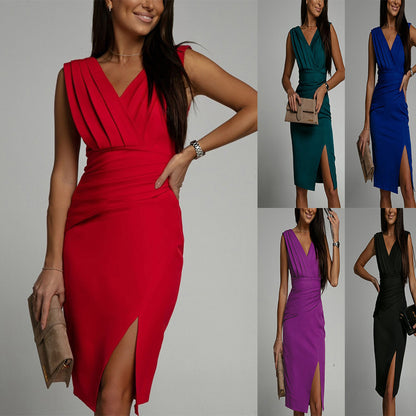 Robe d'Été Décolletée en V Sans Manches à Fente et Taille Haute