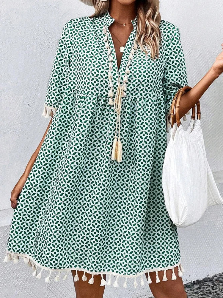 Robe Femme Imprimée à Col V avec Manches Mi-longues et Franges