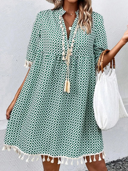 Robe Femme Imprimée à Col V avec Manches Mi-longues et Franges
