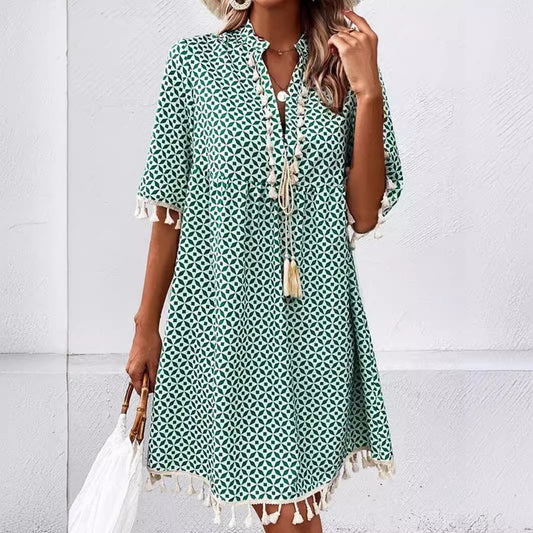 Robe Femme Imprimée à Col V avec Manches Mi-longues et Franges