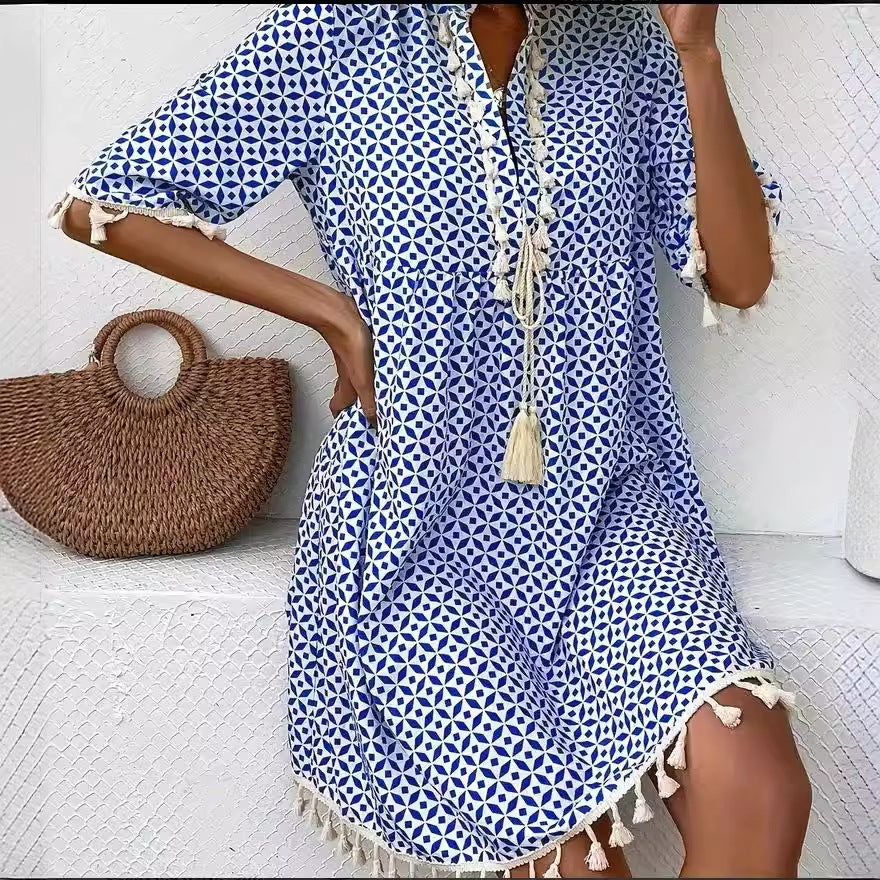 Robe Femme Imprimée à Col V avec Manches Mi-longues et Franges