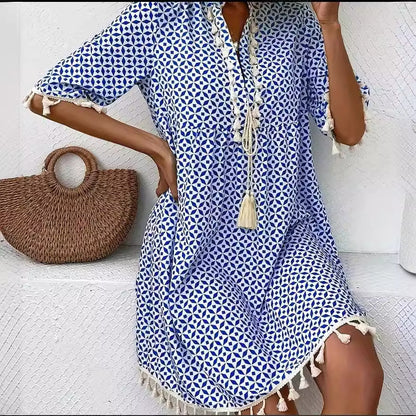 Robe Femme Imprimée à Col V avec Manches Mi-longues et Franges