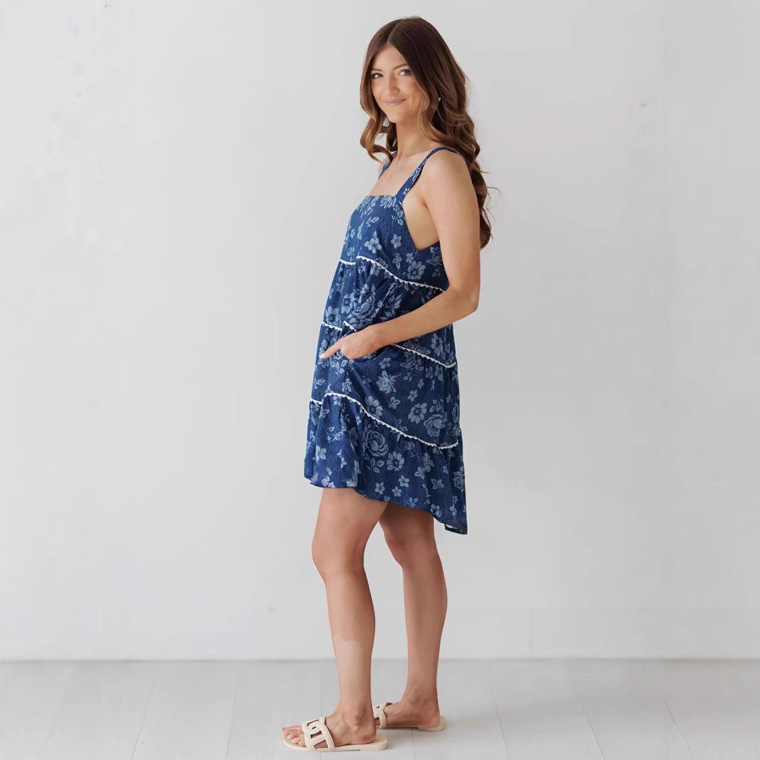 Robe en Jean Dos Nu Plissée à Bretelles