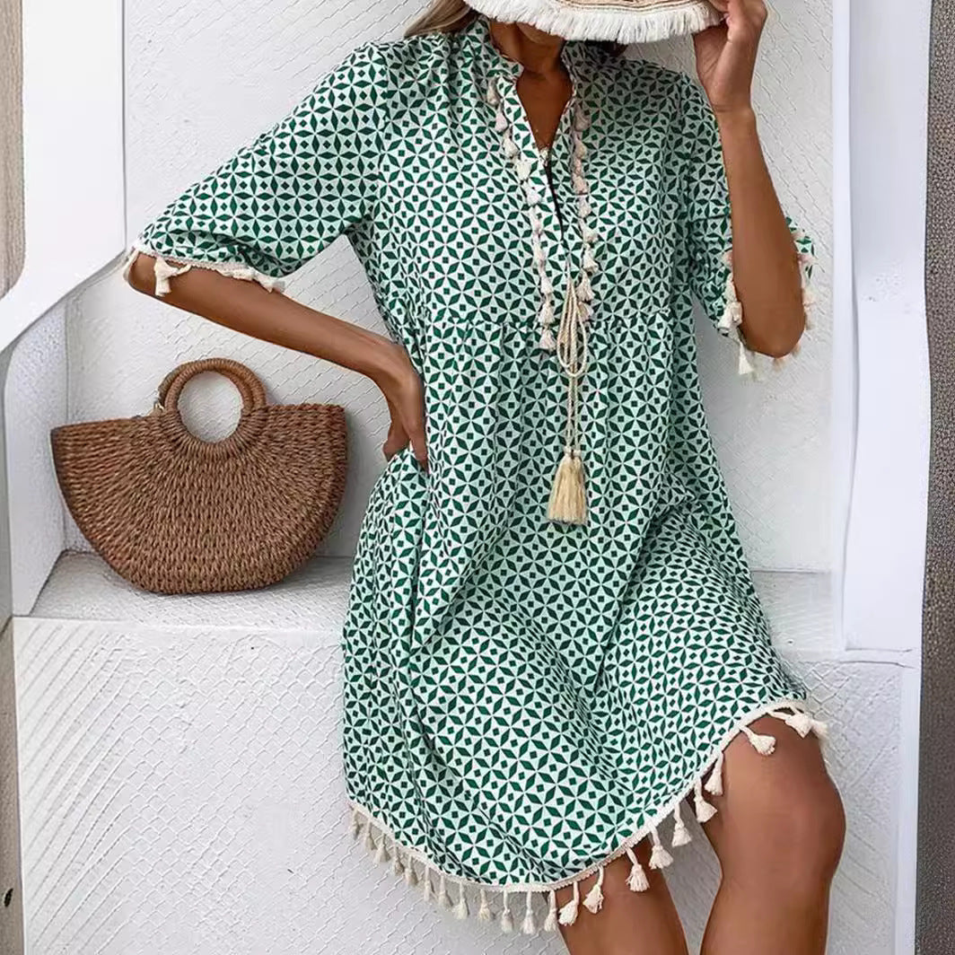 Robe Femme Imprimée à Col V avec Manches Mi-longues et Franges