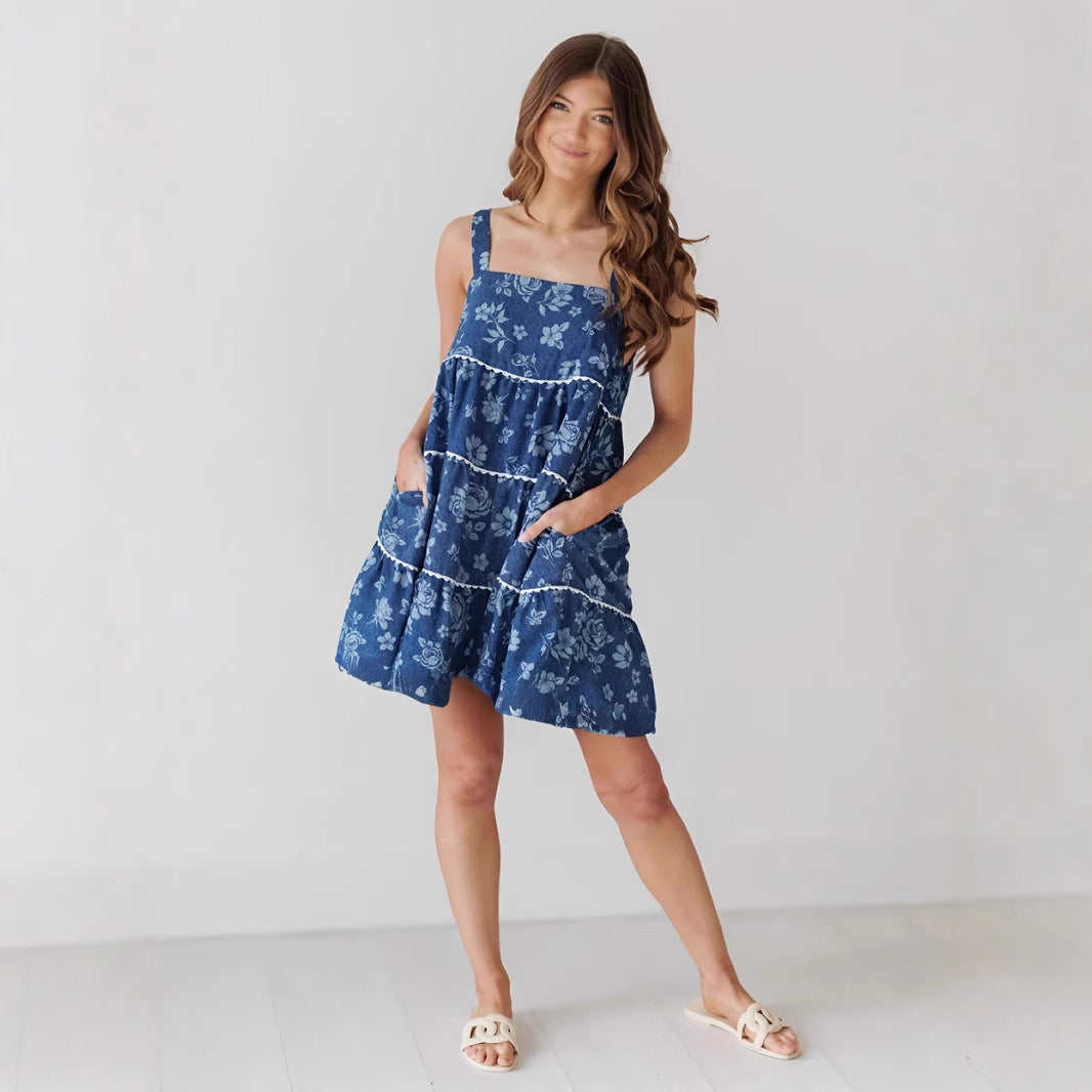 Robe en Jean Dos Nu Plissée à Bretelles