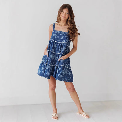 Robe en Jean Dos Nu Plissée à Bretelles