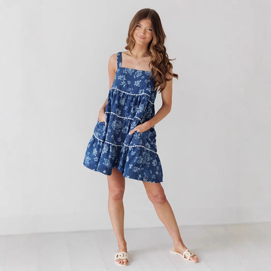 Robe en Jean Dos Nu Plissée à Bretelles