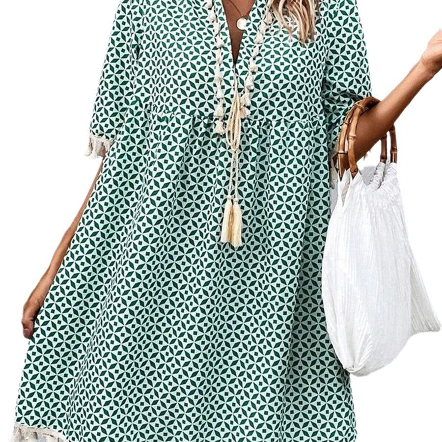 Robe Femme Imprimée à Col V avec Manches Mi-longues et Franges