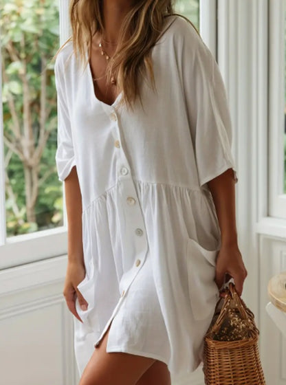 Robe de Plage à Manches Courtes, Col en V, Boutonnée avec Poche