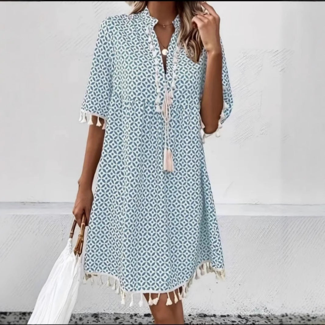 Robe Femme Imprimée à Col V avec Manches Mi-longues et Franges
