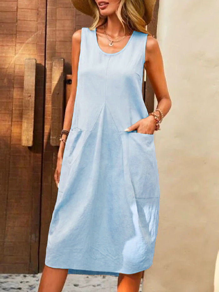 Robe d'été sans manches à col U, avec poches.