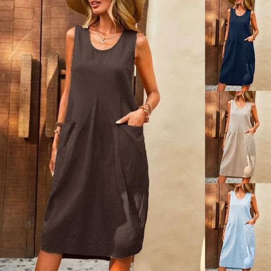 Robe d'été sans manches à col U, avec poches.